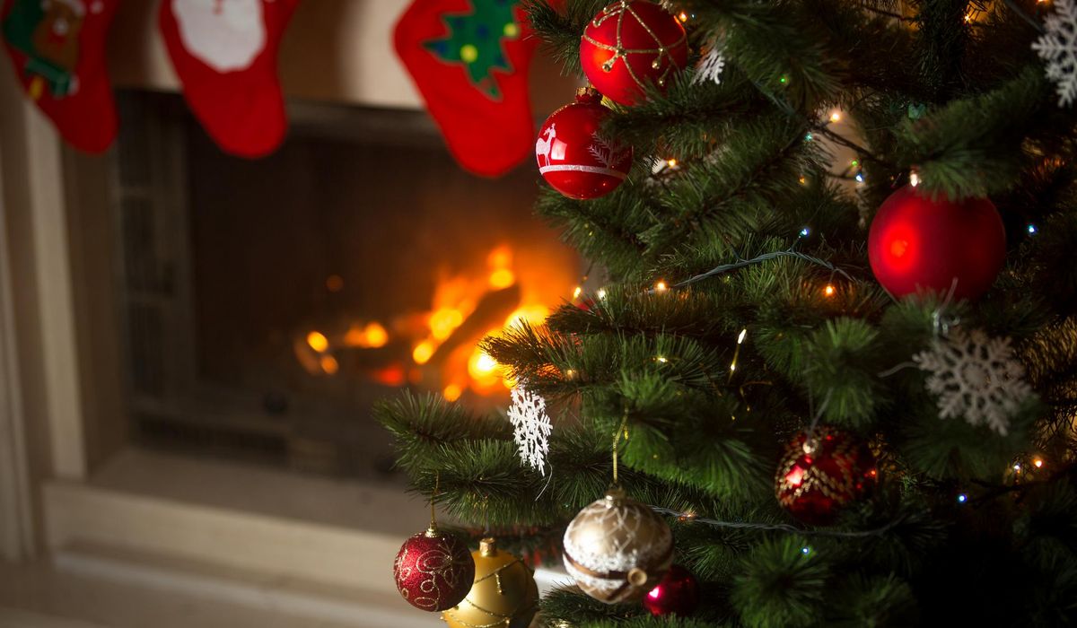 Background of Christmas tree at living room with burning firepla